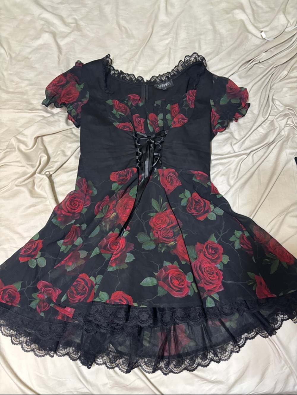 Dolls Kill Black Dress with Red Rose Print